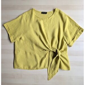 Gabriella Made In Italy Yellow Lagenlook Resort Wear Linen Tie Blouse Shirt